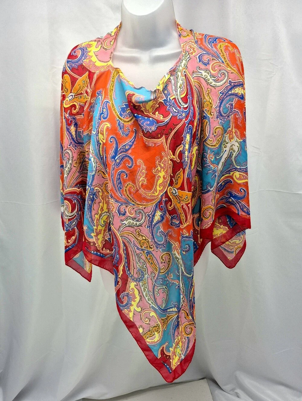 Vibrant Multicolor Paisley Print Silk Square Scarf Magenta Border Beach Chic